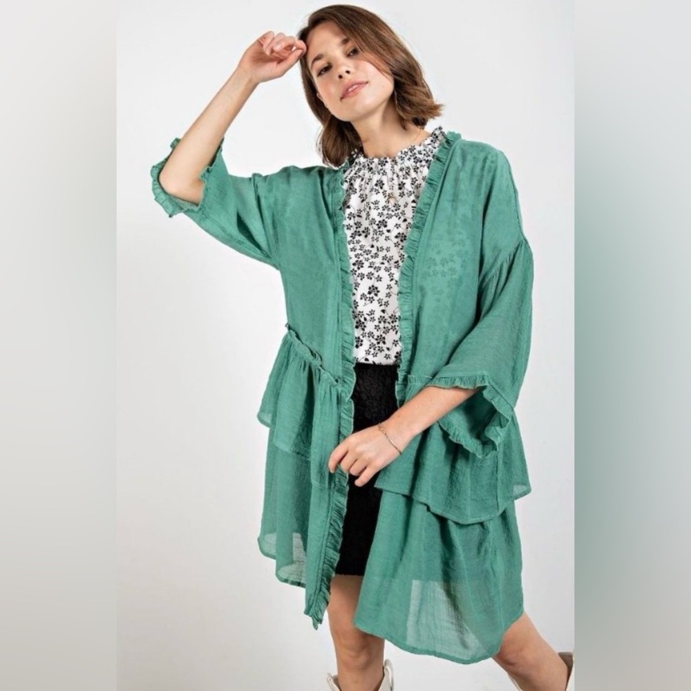 Easel Wormwood Semi Sheer Double Ruffled Long Open Front Half Sleeve Cardigan